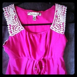 Long pink maxi dress with white crochet overlay